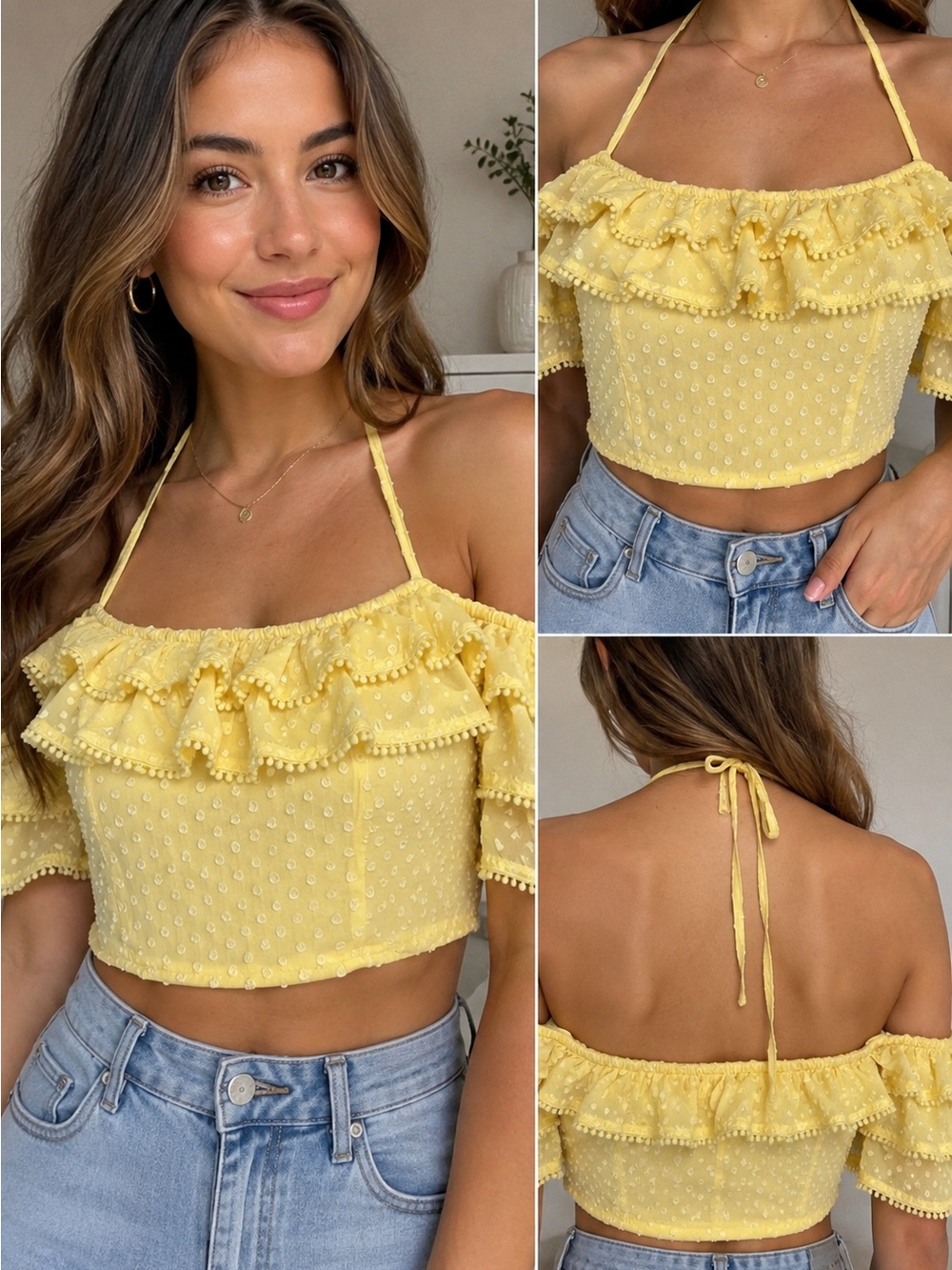 Forever 21 Yellow Ruffled Swiss Dot Halter Crop Top